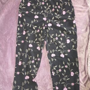 Dressbarn Black Pants with Pink and Green Floral Design